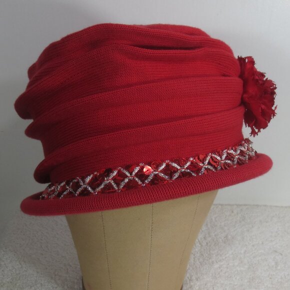 Parkhurst Hat Red Vintage Ladies Sequin Slouchy Cotton Knit Flower Size 7 3/8 main image 4